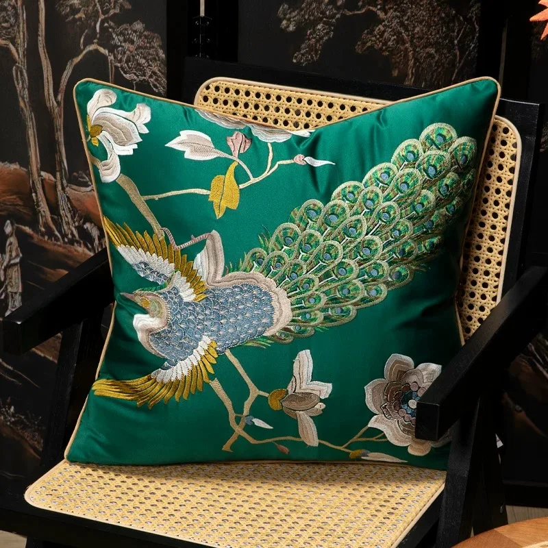 Chinese Traditional Luxury Embroidery Peacock Cushion Cover Woven Square Sofa Pillowcase Green Ivory 18x18