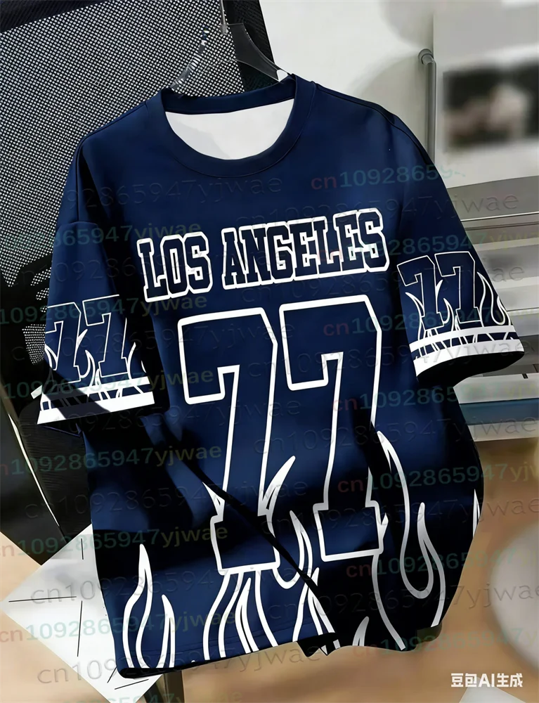 Los Angeles 77 Football Jersey Men's Summer Casual Breathable Round Neck Tee Flame Color 3D Print Streetwear Unisex Beach Tshirt view 3