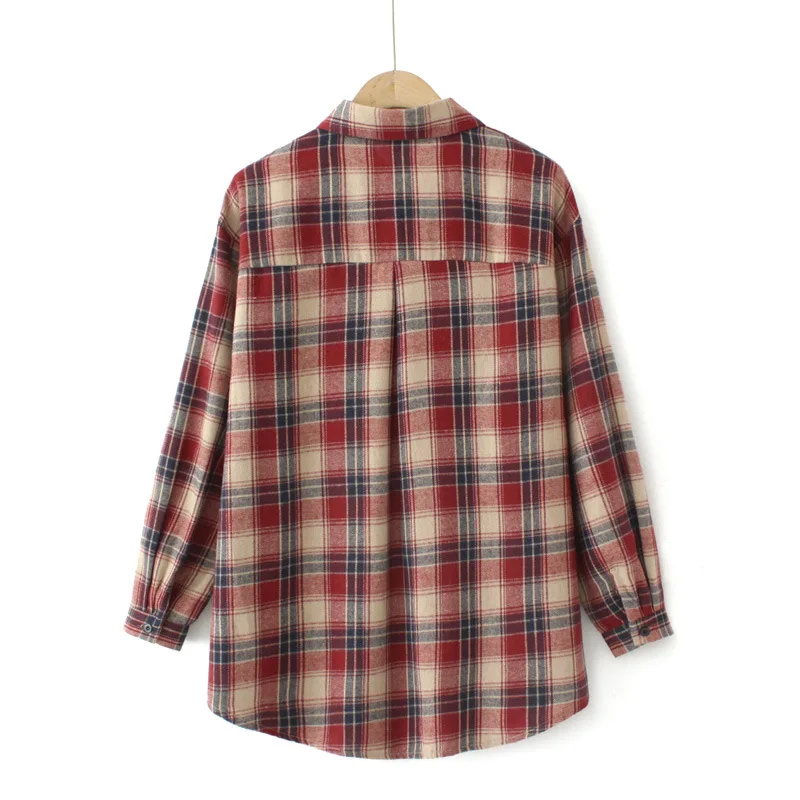 Loose Mid-length BRUSHED Plaid Shirt Women Plus Size Autumn Winter Casual Clothing Single Pocket Blouses Drop Sleeve Tops