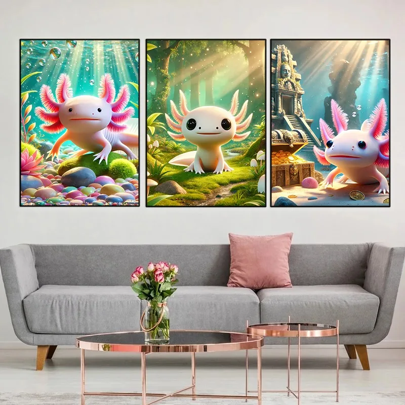 Modern Colourful Axolotl Salamander Underwater Poster Cute Animal Cartoon Canvas Painting Wall Art for Living Room Home Decor