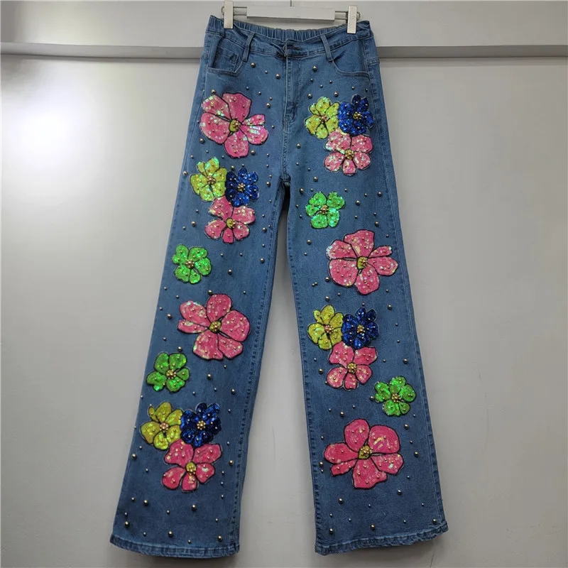 Schwere Perlen-Pailletten-Blumen-Denim-Hose für Damen, trendige 2025, Herbst-Neue, lockere, schlankmachende, vielseitige Jeans mit weitem Bein