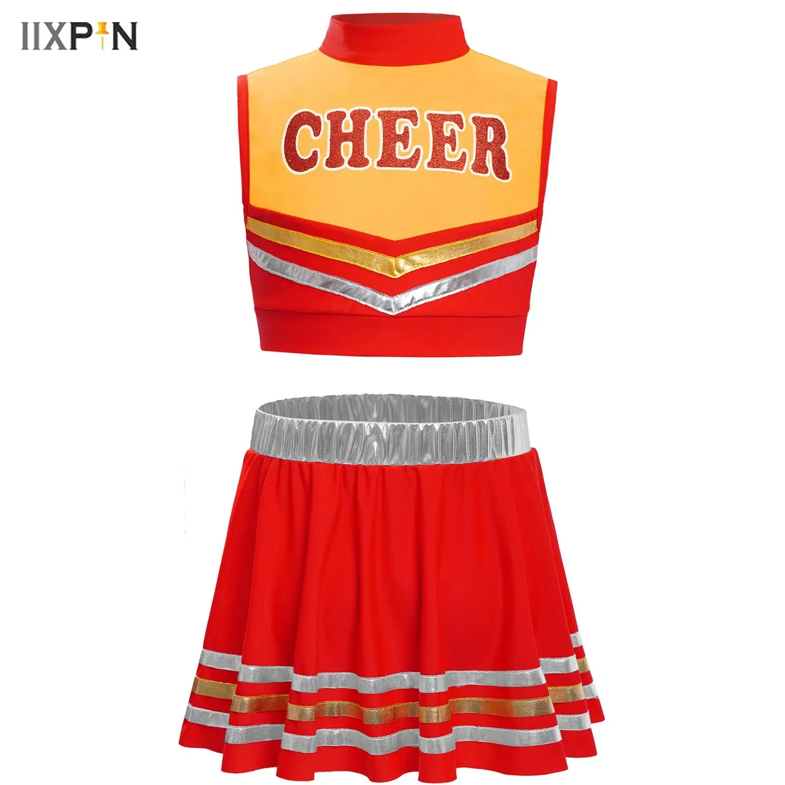 

Kids Girls Cheerleading Dance Performance Costume Letters Printed Color Block Keyhole Back Crop Top+Metallic Striped Hem Skirt
