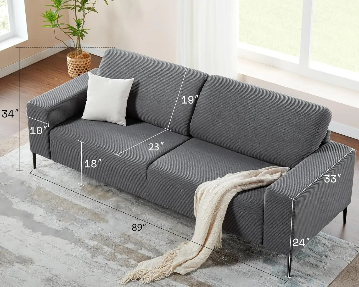 89 inch Sofa, Comfy Sofa Couch- Modern Couch with Extra Deep Seats, 3 Seater Sofa Couch for Living Room, Grey Corduroy