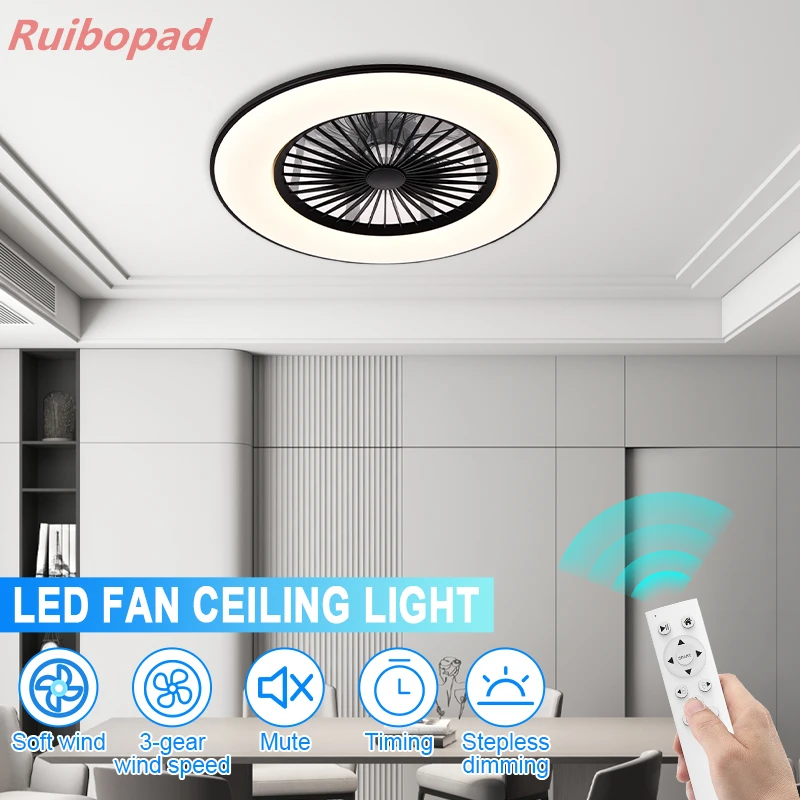 Smart Black Modern 56cm Round Ceiling Fans Lamp Low Ceiling Dining Bedroom Home With Led Light Remote Control For Ceiling Fan