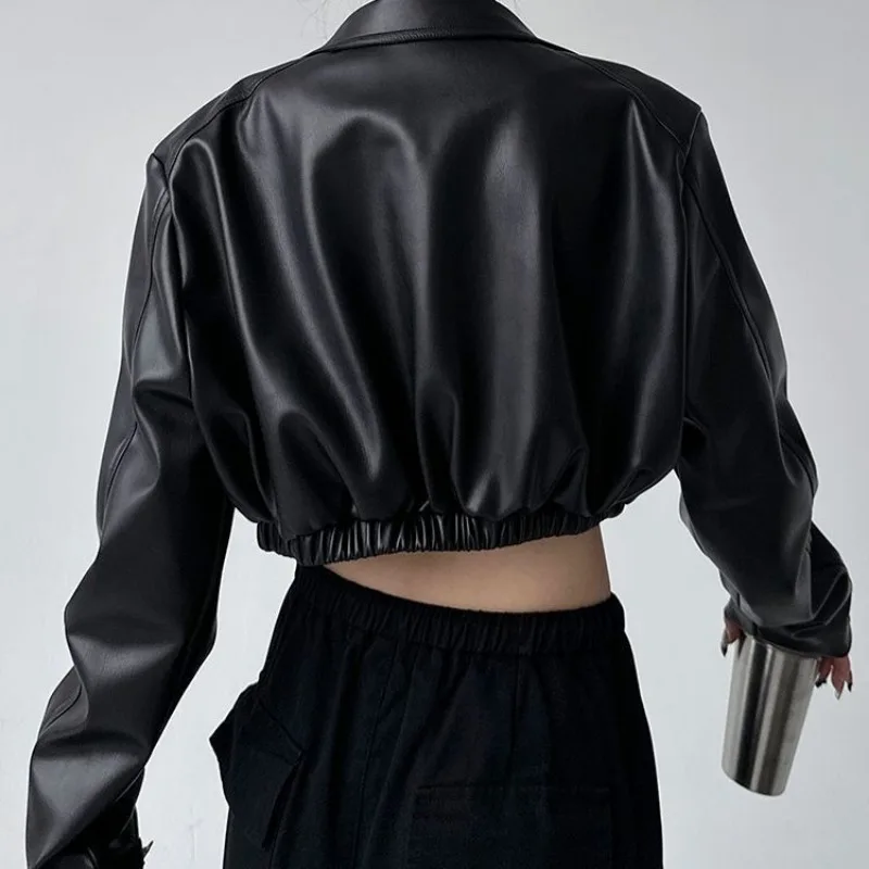 Y2k Black New PU Leather Jacket Cropped Jacket Long-sleeved Top Motorcycle Jackets Design Loose Streetwear Coat Trendy Vintage 2