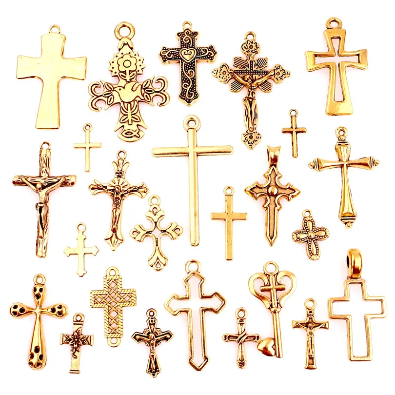 25Pcs/Lot Mix Cross Charm Christ Religious Alloy Gold Color Charms for Jewelry Making Amulet Pendant Supplies material cruz