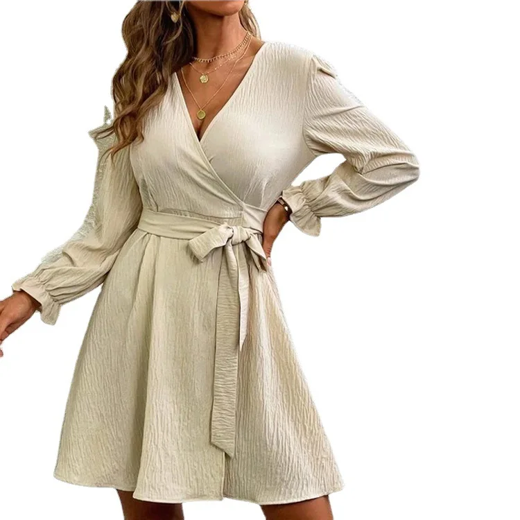 

Solid Color Wrapped Chest V-neck Slim Fitting Sexy Temperament Elegant Strapping Lantern Sleeve Dress Women in Spring Autumn