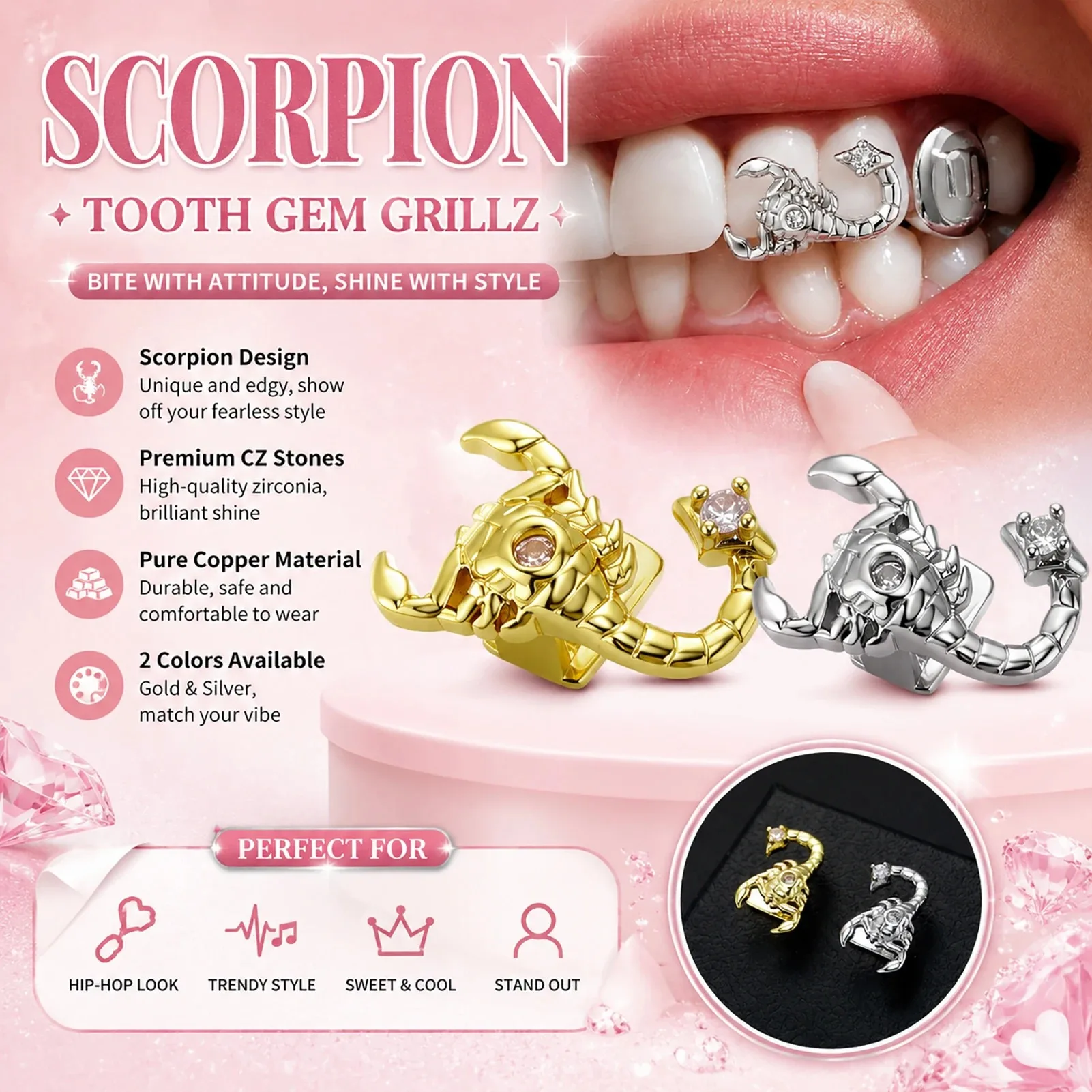 Hip Hop Scorpion CZ Grillz Single Iced Top & Bottom Shiny Men Women Punk Rapper Jewelry Christmas Gift
