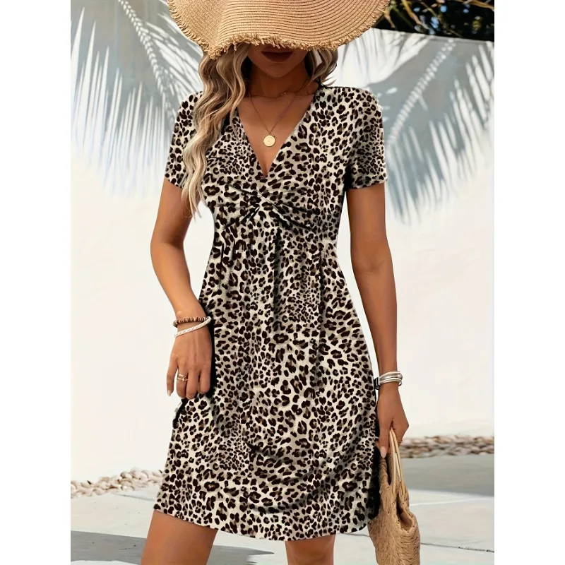 

Plus Size 1XL-5XL Women's Fashion Short Sleeve V-neck Leopard Print Dress Ladies Twisted Pleated Casual and Comfortable Dress