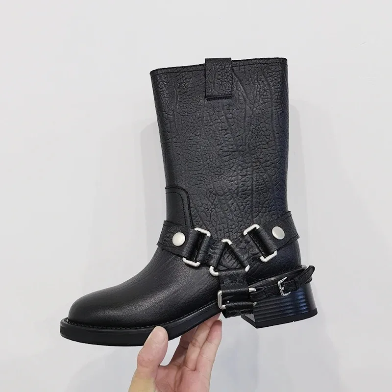 2026 Winter Women Shoes Genuine Leather Mid Calf Boots Round Toe Fashion Thick Heels Shoes Winter Retro Buckle Platform Boots view 3