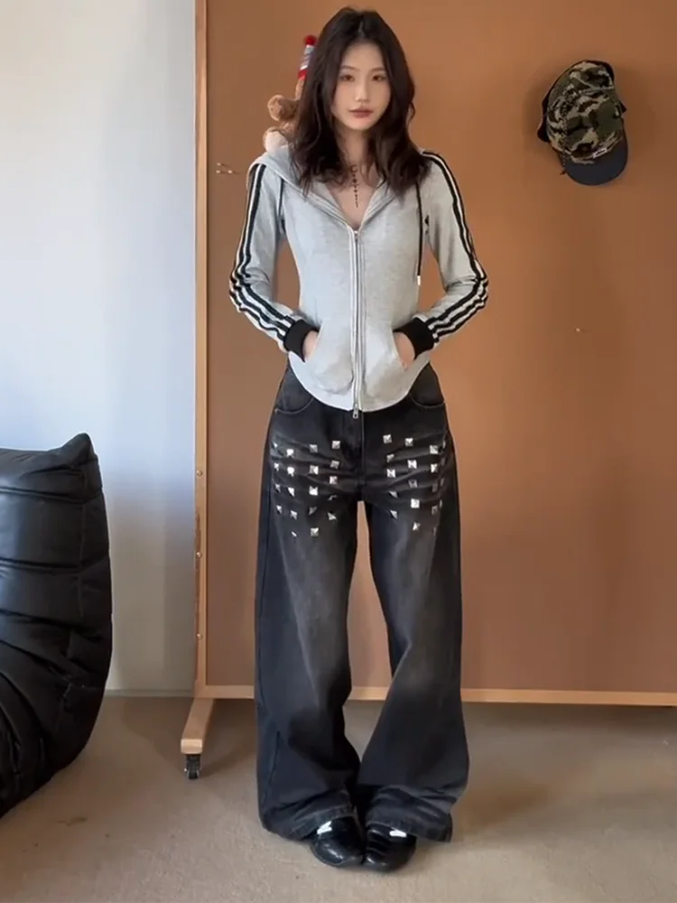 

Американские джинсы-клеш большого размера с высокой талией для женщин, свободные, прямые, широкие, повседневные брюки в уличном стиле, визуально стройнящие фигуру