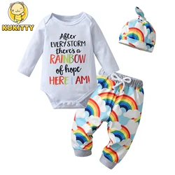 Spring Autumn Newborn infant Baby Boy Clothes Letters Romper Bodysuit Top + Rainbow Printed Long Pants + Hat Outfits Set