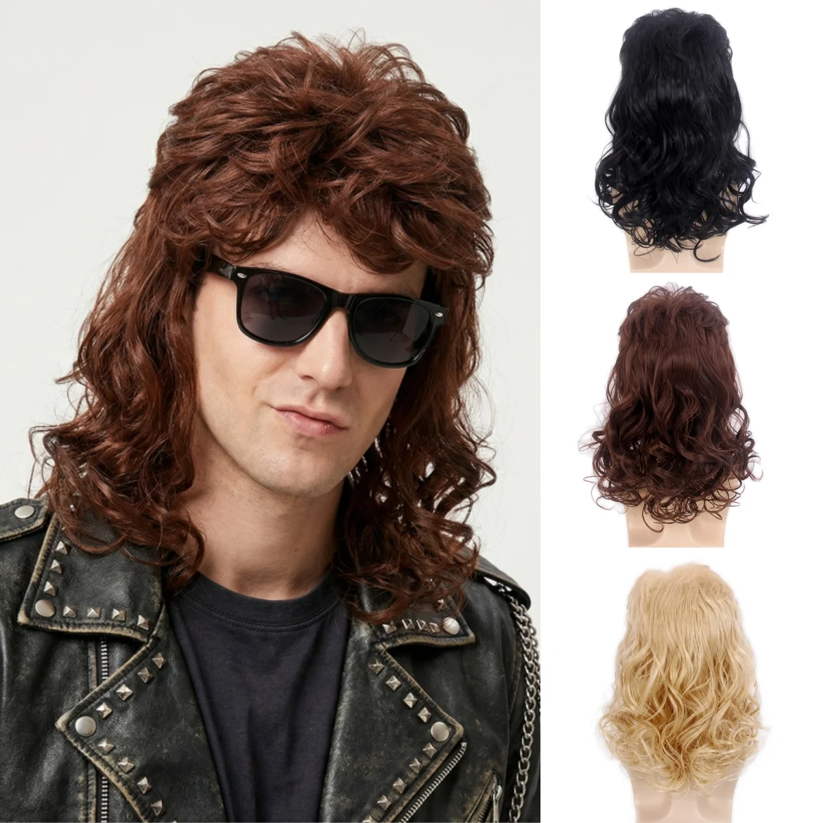 

Парик REEWES средней длины, кудрявый, в стиле мульлет, из синтетических волос, для рок-н-ролла, диско, коричневый, черный, блонд, для Хэллоуина, вечеринок и костюмированных мероприятий
