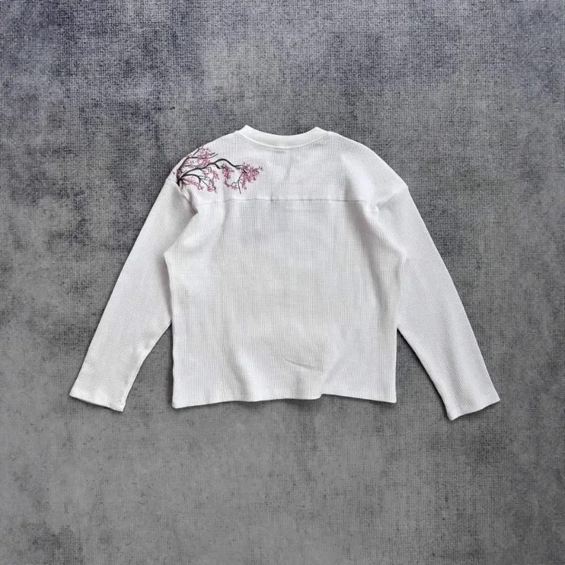 Deeptown White Cherry Blossom Embroidery Man Women T-Shirts Long Sleeve Oversized Waffle Tees Basic Harajuku Casual Streetwear