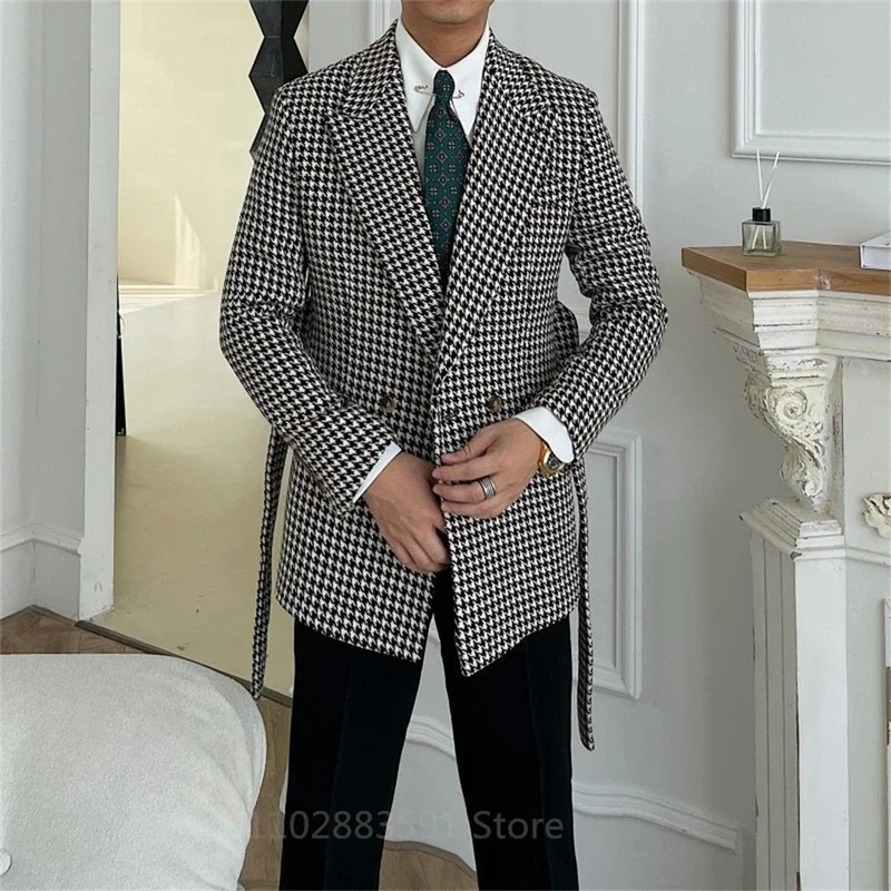 2 Piece Houndstooth Double Breasted Wedding Suits For Men Slim Fit Male Fashion Groom Tuxedo Set With Belt Latest Design