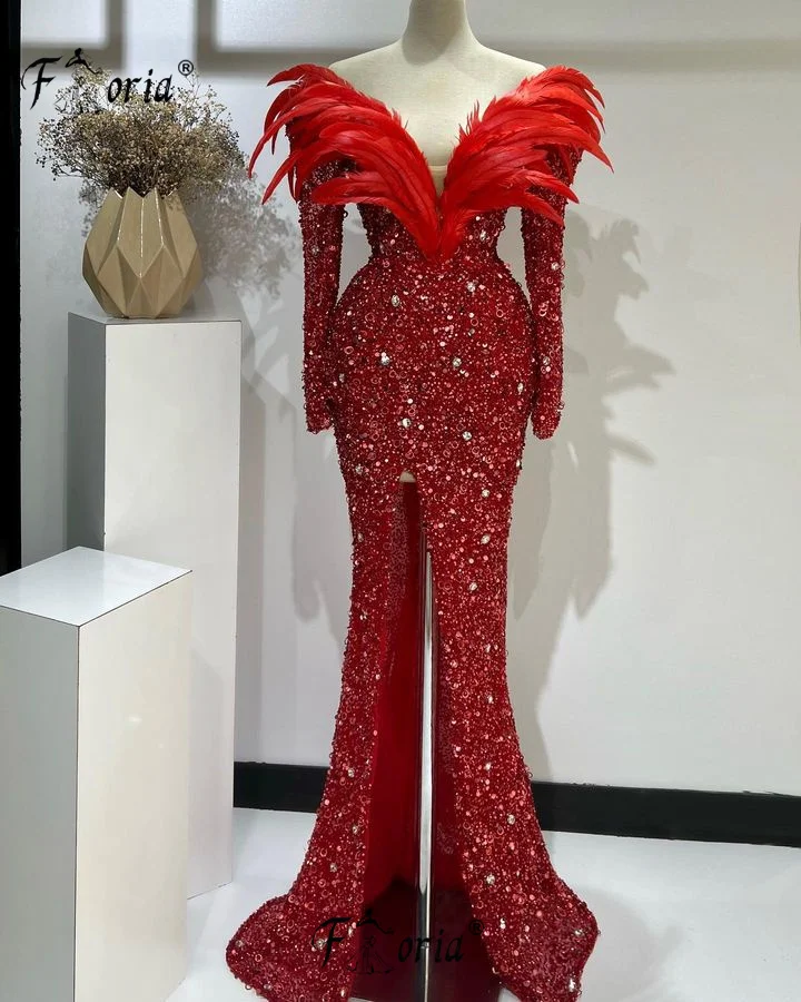 Dubai Woman Red Mermaid Evening Dress Feather Beaded Long Sleeves Wedding Party Gowns Glitter Slit vestidos de fiesta elegantes