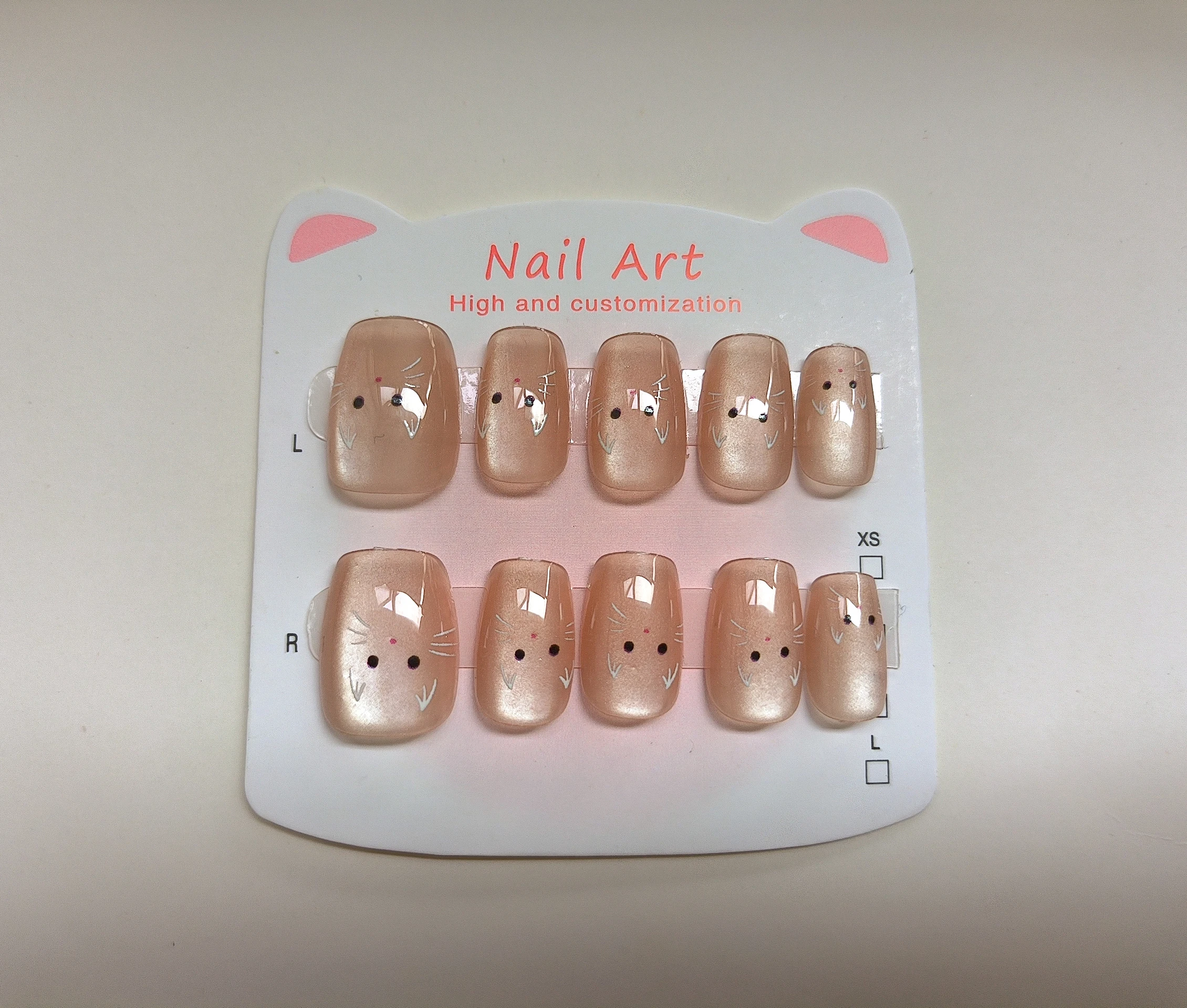 10 stuks korte valse nepnagels tips glitter lijm op met cartoon kat ontwerpen amandel handgemaakte acryl meisjes nagels druk op