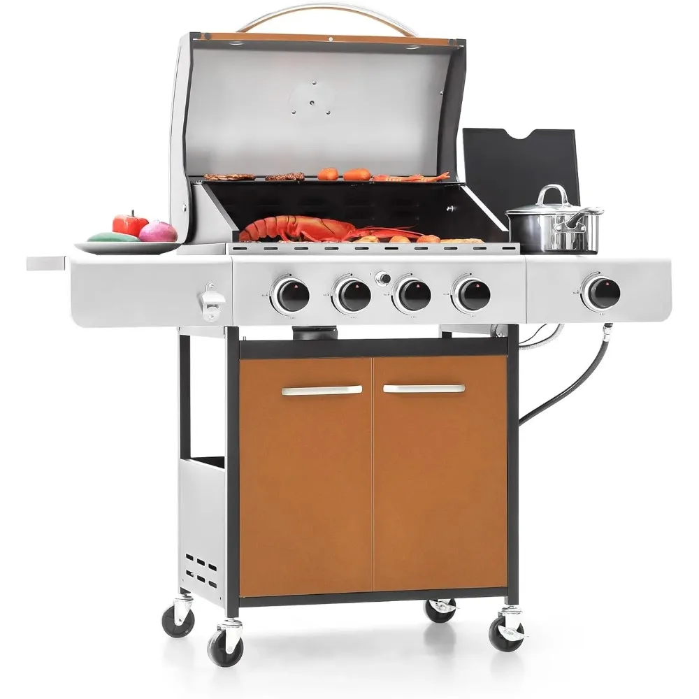 Designs 4-Burner Propane Gas BBQ Grill with Side Burner & Porcelain-Enameled Cast Iron Grates, 42,000 BTU Output Barbeque Grill