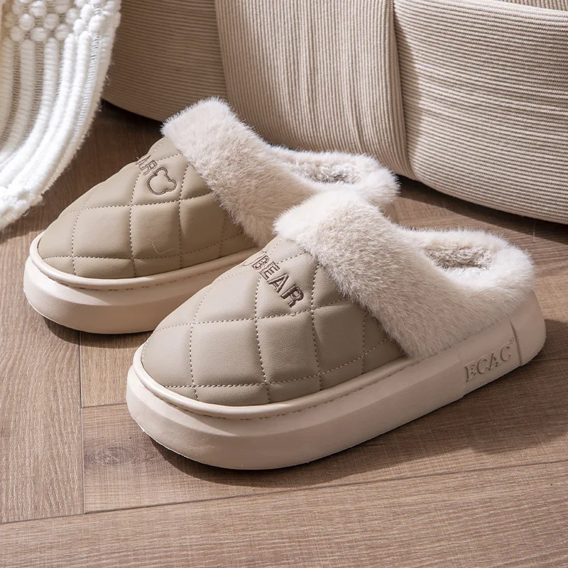

Winter Women Fur Fuzzy Slippers Outdoor Plush Lined Slides Indoor Antiskid Platform Cotton Shoes Fluffy Couple House Slipper