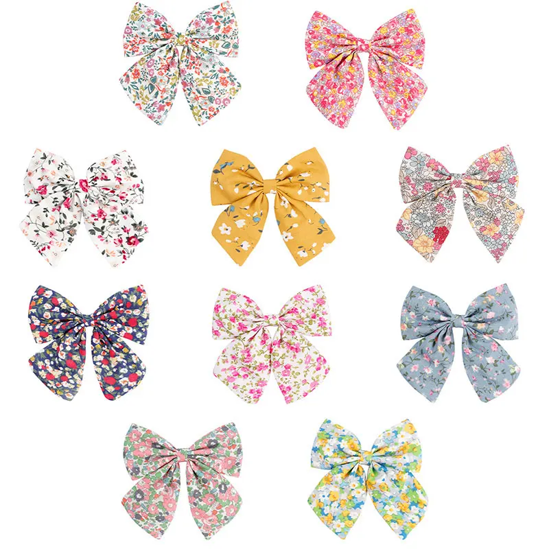 4.5in Flower Print Bows Hair With Clips Cute Girls Bowknot Hairwear Barrettes Kids Hairpins Children Hair Styling Accessories