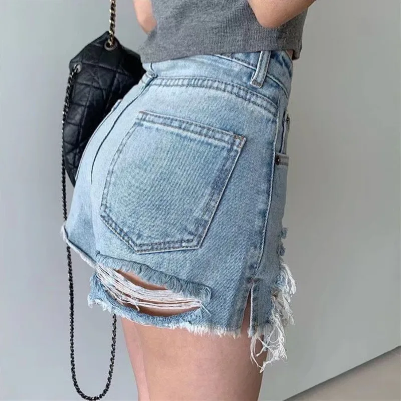 Feynzz Casual Blue Denim Shorts Women Sexy High Waist Buttons Pockets Slim Fit Shorts 2021 Summer Beach Streetwear Jeans Shorts