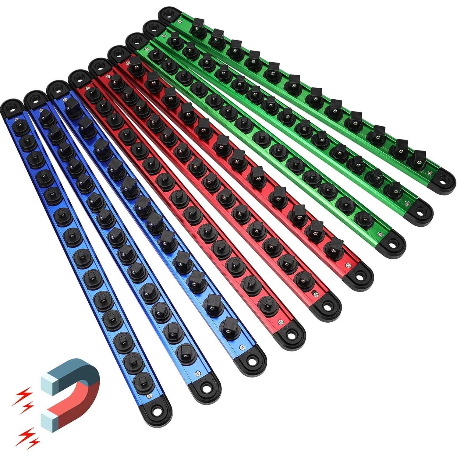 Magnetic Socket Holder Organizer Set: 9pcs Detachable 1/4, 3/8, 1/2 Socket Trays Socket Organizer for Tool Box Drawer Holds 120pcs Standard Size Sockets for Automotive Garage(Blue Red Green)
