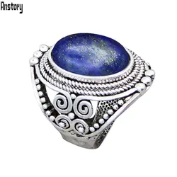 Oval Lapis Lazuli Rings For Women Natural Stone Flower Rings Vintage Antique Silver Plated Fashion Jewelry TR622