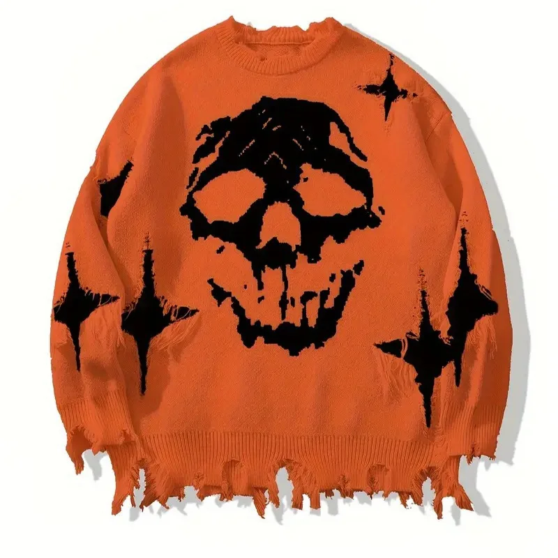 Maglione gotico Hip Hop di Halloween da uomo unisex oversize con stampa scheletro jacquard pullover da uomo grunge maglieria in difficoltà per uomo