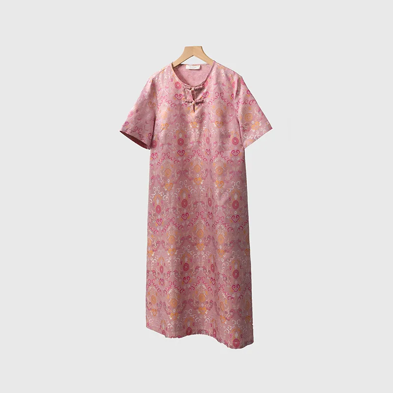 High Quality Double-Sided Different Color Rose New Chinese Style Silk Jacquard Dress Loose Short Sleeve A- line Skirt Summer