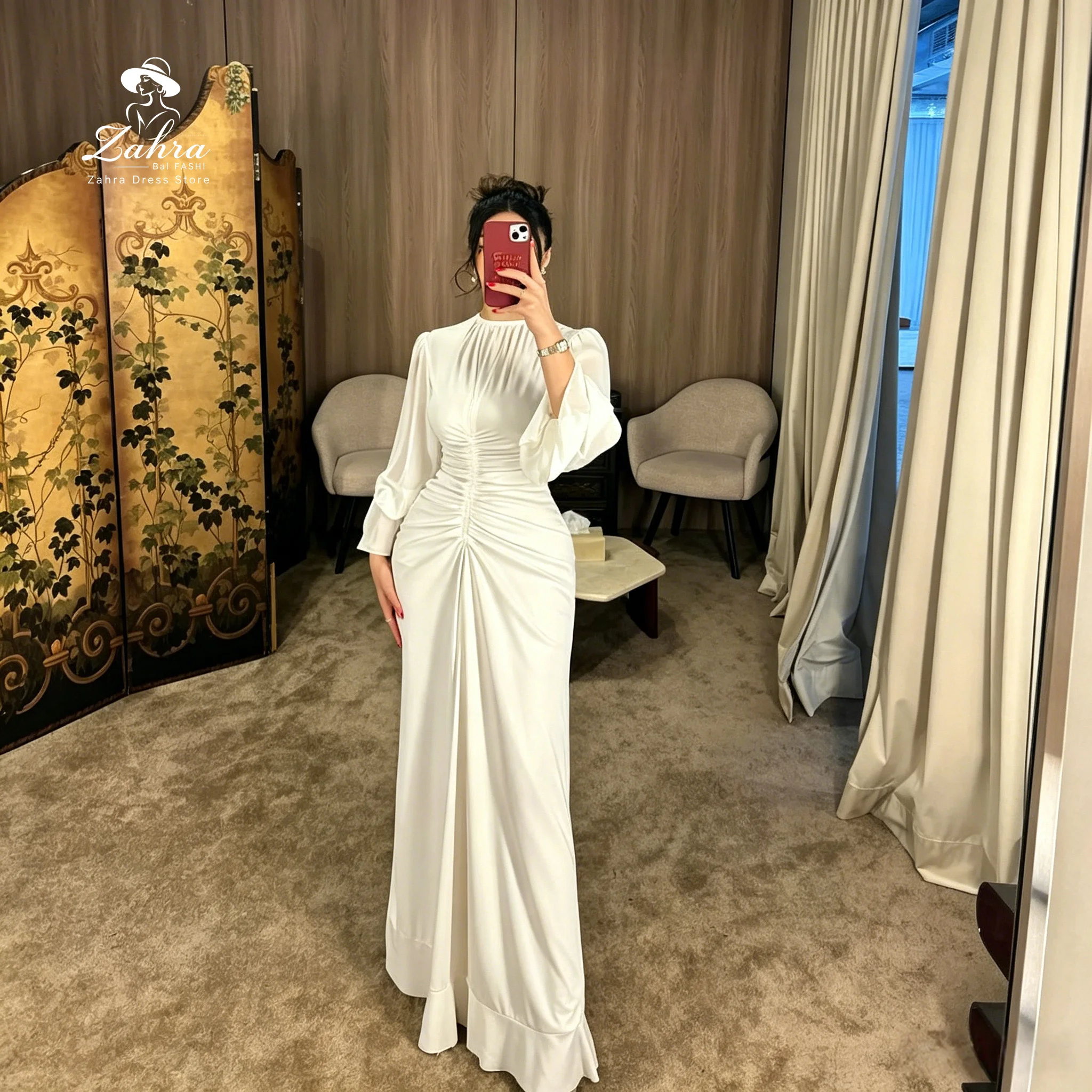 White High Neck Keyhole Cutout Vintage Elegant Jersey Long Sleeve Prom Dresses Ruched Waist Evening Dresses Lantern Sleeve Party