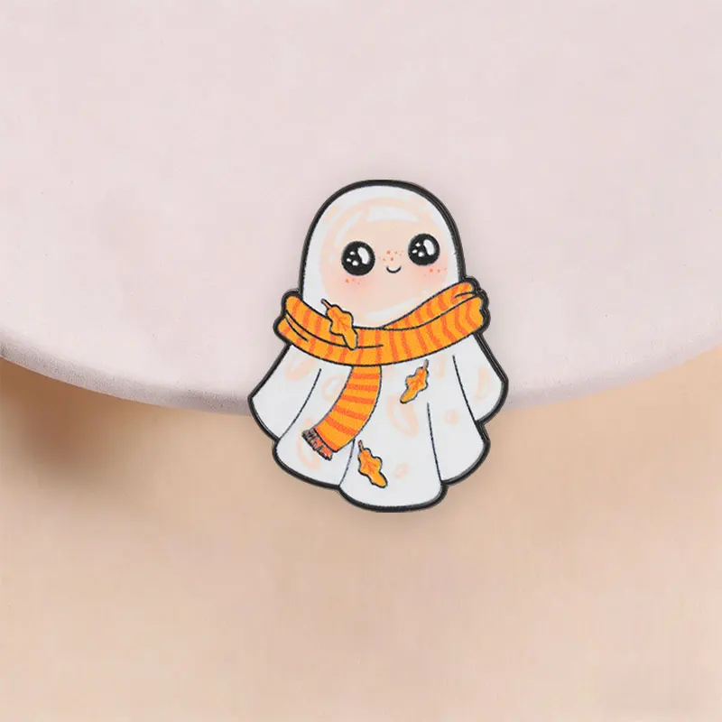 Cute Autumn Ghost Enamel Pin with Orange Yellow Striped Scarf Fall Halloween Brooch Leaves for Coats Backpacks Denim Jackets