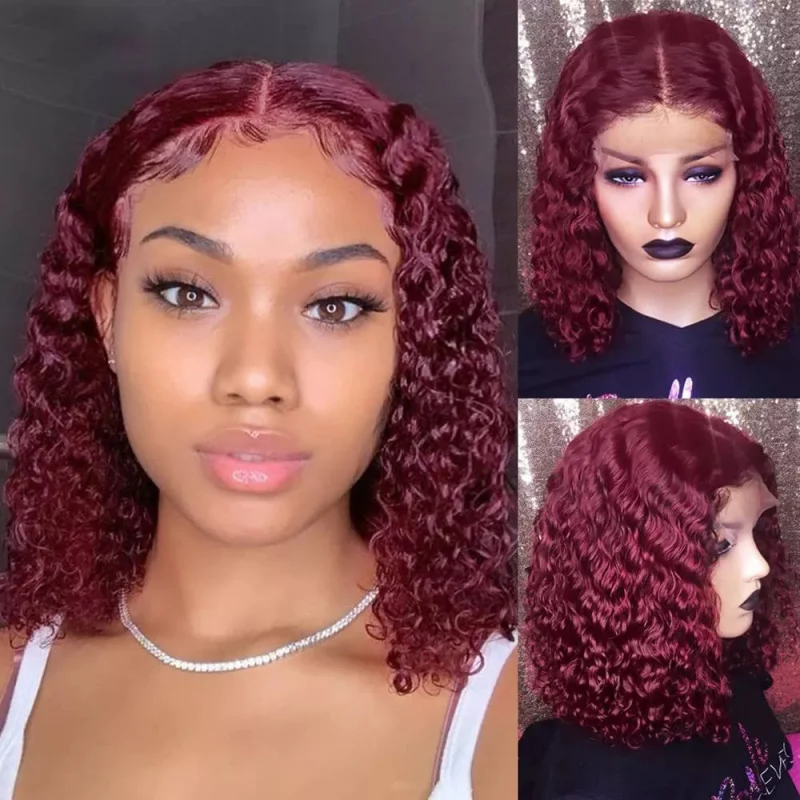Women's wig 13*4 lace front short curly hair African synthetic burgundy gradient