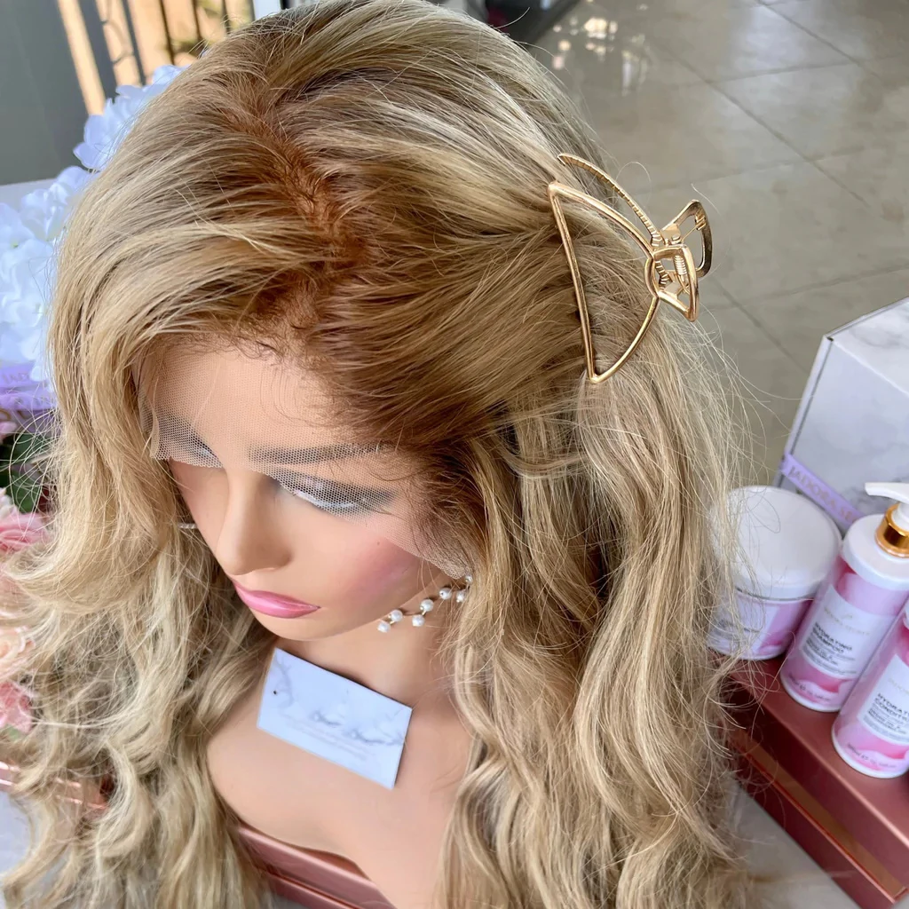 Light Ash Blonde Full Lace Human Hair Wigs Ash Roots Lowlights Glueless 13x6 HD Lace Frontal Wig 34" 200% Free Style Slight Wavy