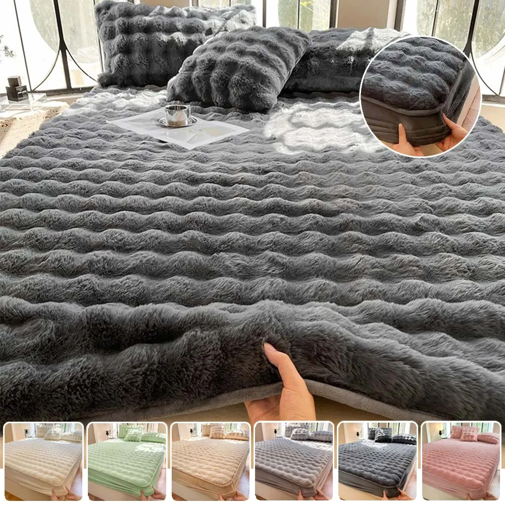 الفاخرة سميكة الأرنب الفراء المجهزة ملاءة سرير الشتاء أفخم الحليب المخملية فراش حامي غطاء 360 ° تغطية كاملة للفراش قابل للغسل #1