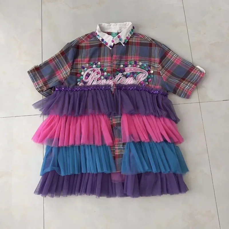 高級ラインストーンチェック柄プリントメッシュフリルシャツドレスコントラストカラーガーゼ多層シャーリングブラウスドレス半袖Tシャツ