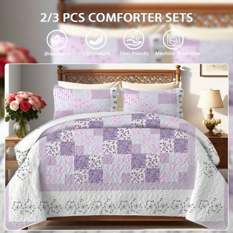 2/3pcs Purple Floral Grid Print Quilt Set(1 Quilt + 1/2 Pillowcases), 100% Polyester Lightweight Breathable Summer Bedding Set