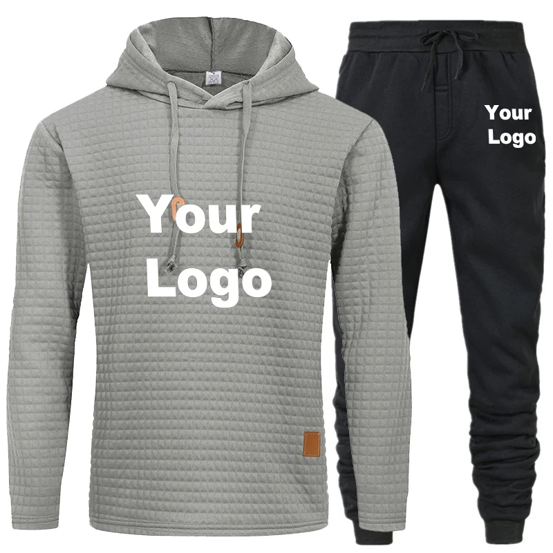 New Custom Logo Tracksuit Men Brand Male Solid Hooded Sweatshirt+Pants Set Mens Hoodie Sweat Suit Casual Sportswear