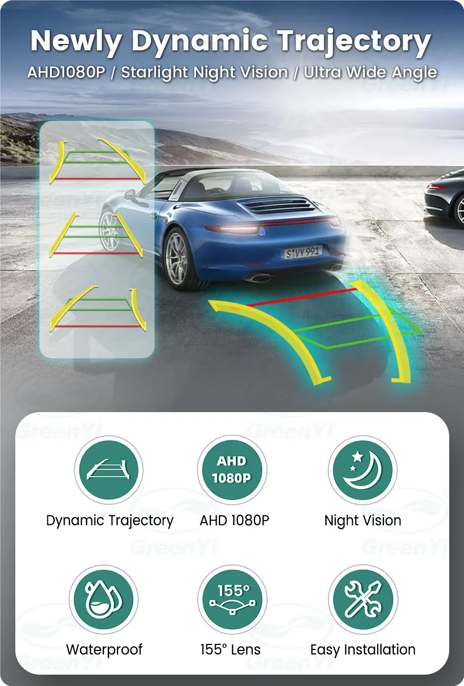 GreenYi Dynamic Traject AHD 1080P Auto-Rückfahrkamera, intelligente Track Guide Line, universelle Fahrzeug-Backup-Nachtsicht – Detail 1