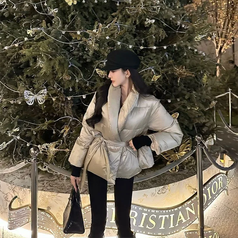 

Высококачественная текстура 90, белый утиный пух, пуховик со шнуровкой на талии и толстым лацканом, теплое женское пальто средней длины, пальто