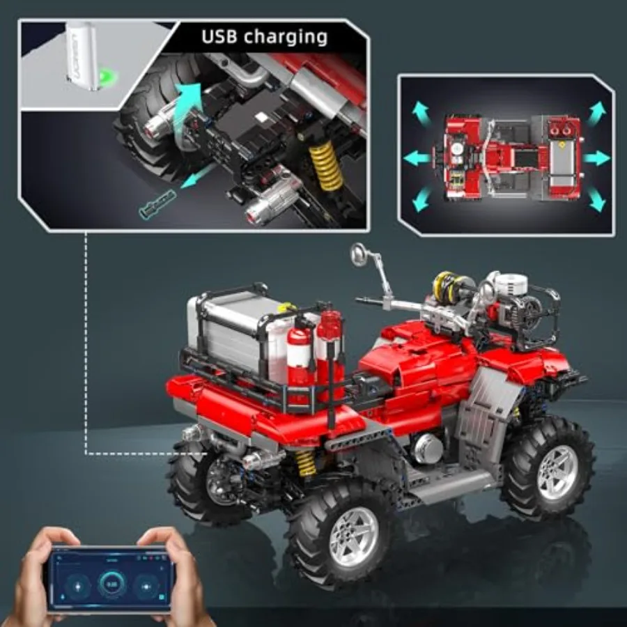 Fire Truck ATV Building Set, 2100+ Pcs Control All-Terrain Vehicle Building Blocks Kits That Run with Equipment Model, Collectib