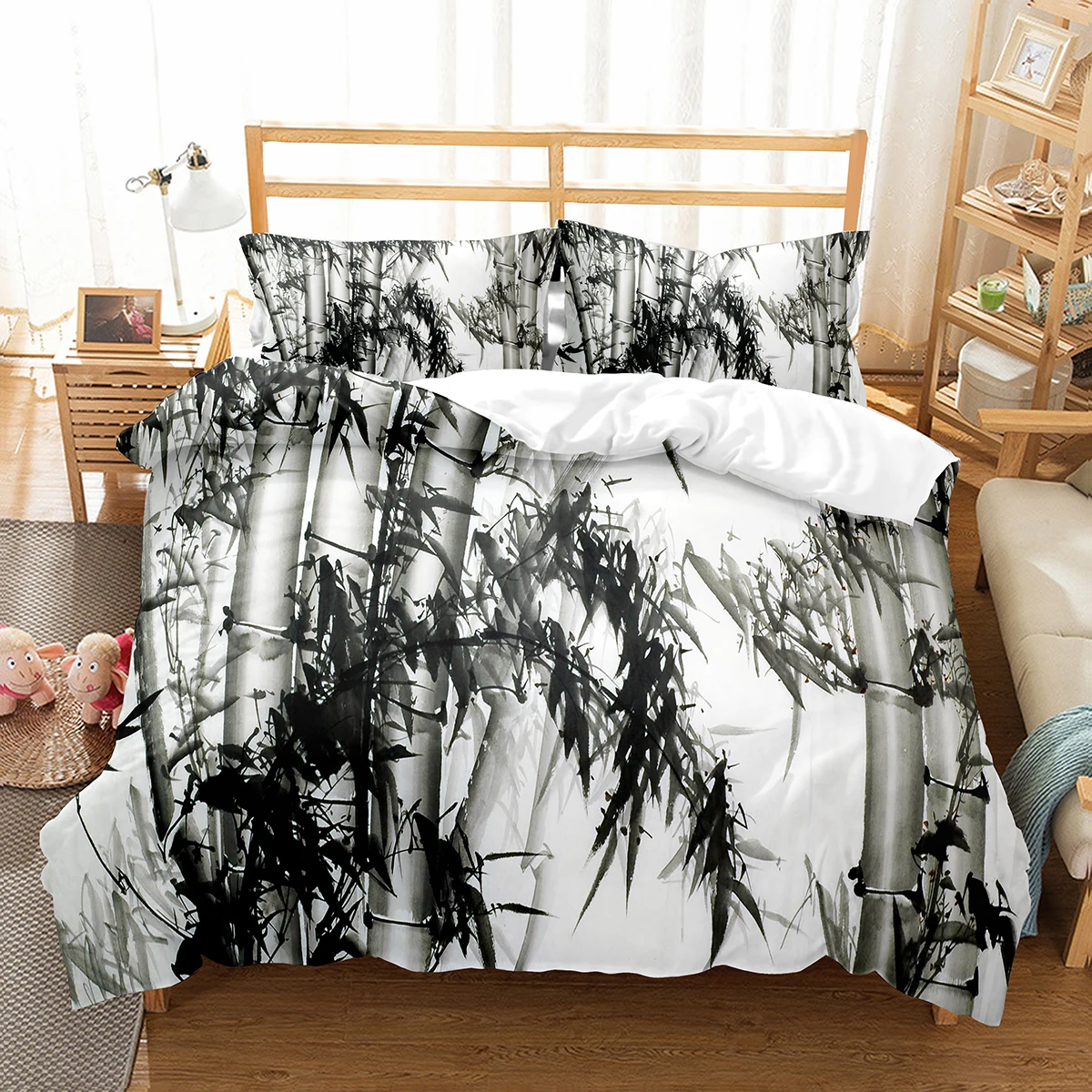 

Bamboo Duvet Cover Set Ink Painting Black Green Bamboo Polyester Comforter Cover King Queen Size For Kids Boys Girls Bedding Set