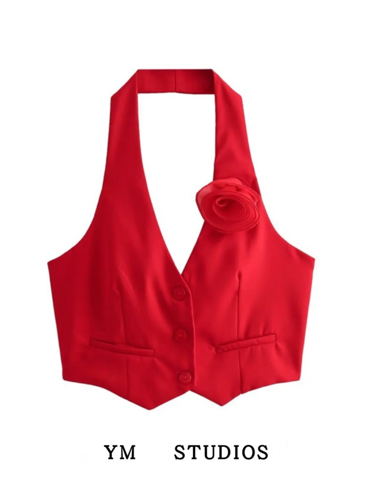 Sexy Backless Pure Color Sleeveless Women's Vest Floral Decoration Base Shirt American Fashion Simple Neck Hanging Design