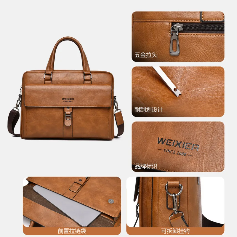 Vintage Dark Brown PU Leather Men Briefcase 15.6 Inch Laptop Handbag Detachable Shoulder Strap Business Office Messenger Bag view 3