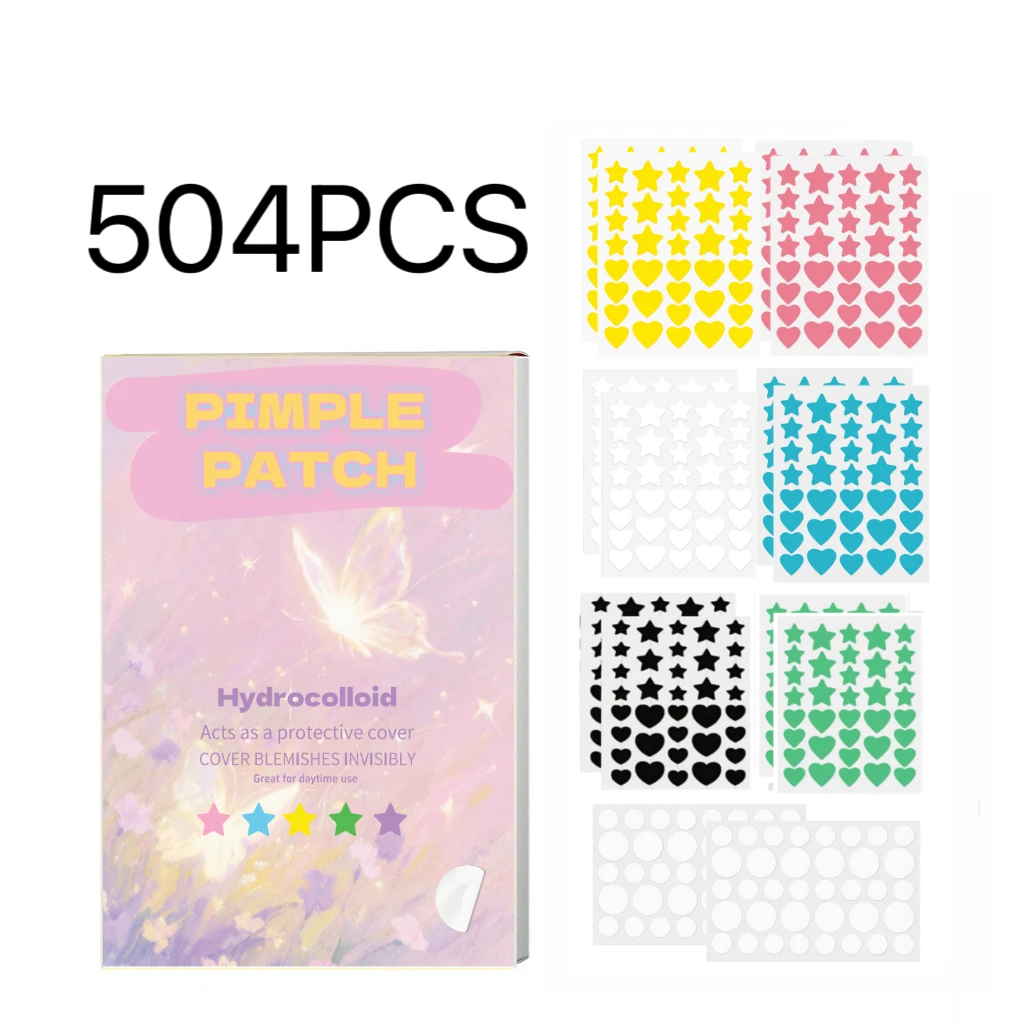 Kawaii 7 Colors Star & Heart Shaped Pimple Patches 504 Counts Hydrocolloid Decorative Invisible Waterproof Acne Patch Lovely Dre
