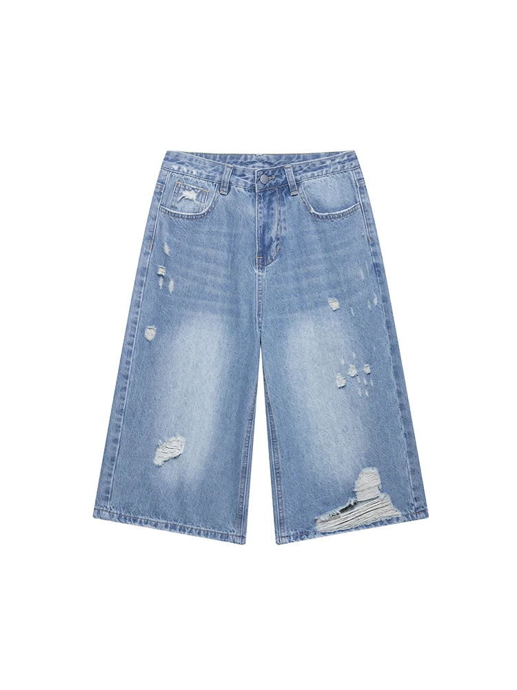 

KUCLUT Women Fashion Denim Blue Ripped Front Zipper Midi Shorts Vintage High Waist Female Chic Lady Shorts
