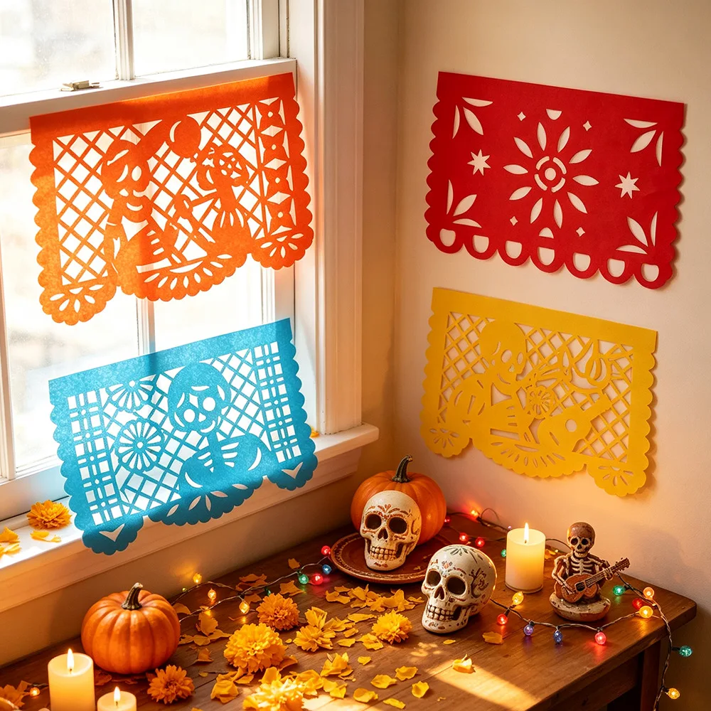 Mexikanisches Tag der Toten Papel Picado Banner 50 Stück Hohle Totenkopf-Blumen-Ausschnitt-Fahnen-Girlande Dia De Muertos Fiesta Party Hängedekoration – Detail 8