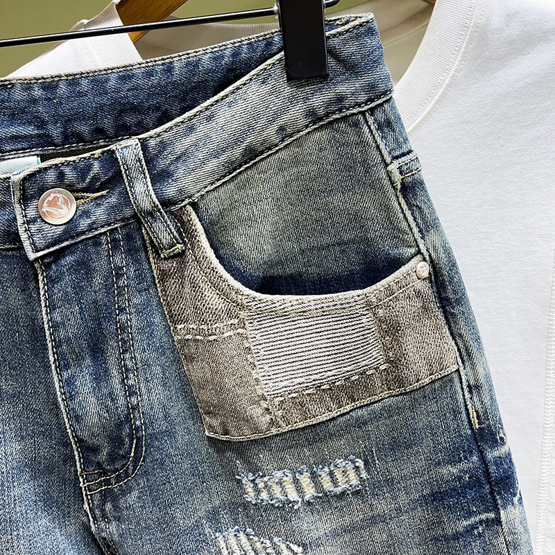 Streetwear men's straight Slim jeans spring and summer new trend broken holes patch retro distortion fashion splicing jeans