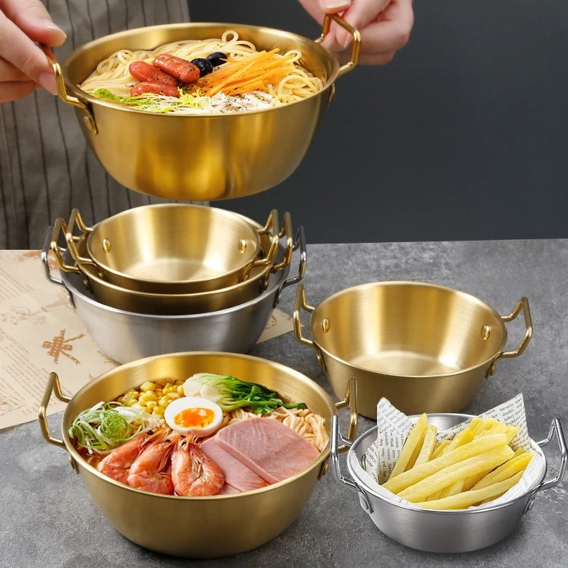 

304 Stainless Steel Salad Bowl Instant Noodle Bowl Korean Rice Wine Bowl with Double-ear Handle Snack and French Fries Basket