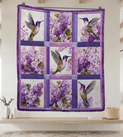 Hummingbird and Lilac Quilt Blanket Purple Floral Patchwork Throw, Bird Lover Gift Home Decoration Blanket