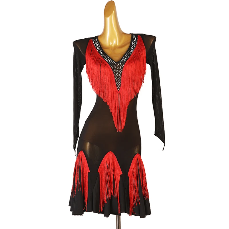 

Tassel Dress Latin Dance Line Dance Clothing Women Rhinestones Samba Tassels Black V-neck Costumes Long Sleeves New Costume Wear